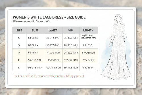 Measurement chart for dresses with a woman in a white dress by the sea.