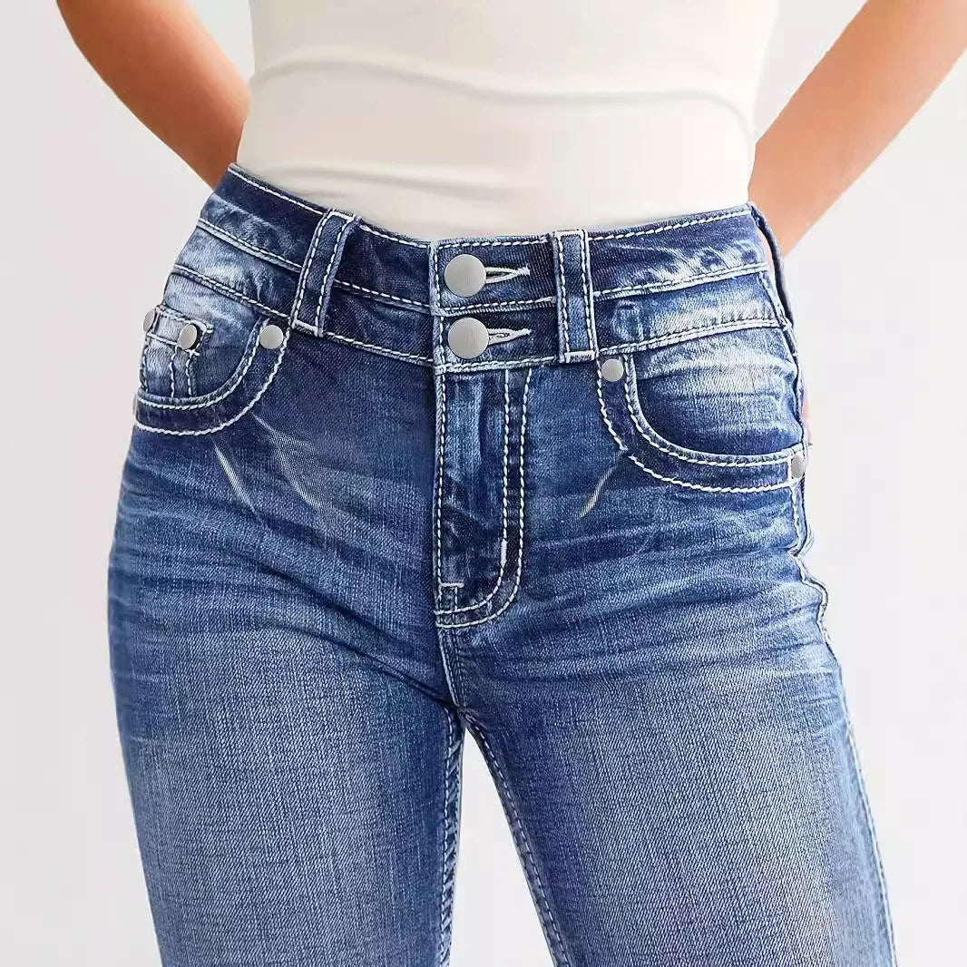 Women Straight Jeans Full Length Jean High Waist Vintage Loose Fit Pockets Embroidery Distressed Washed Trousers Zipper Fly