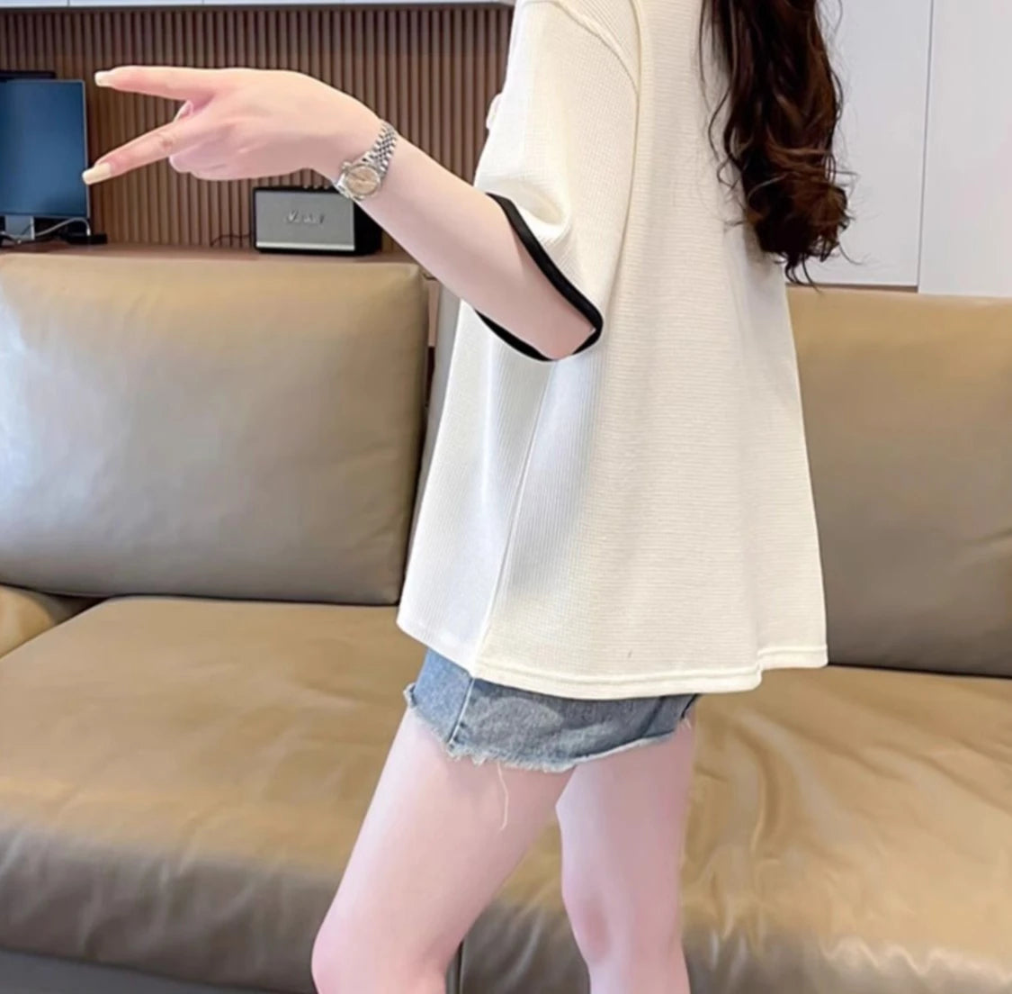 Contrast Color Baggy Woman Short Sleeve Tshirt Y2k Fashion Flower Summer Outfit Youthful Elegant New Polo Neck T Shirt for Women