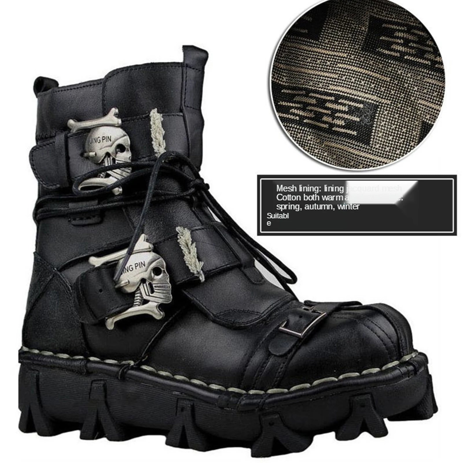 Men's Cowhide Genuine Leather Motorcycle Boots Combat Boots Gothic Skull Punk Desert Ankle Boots Botas50 Handmade