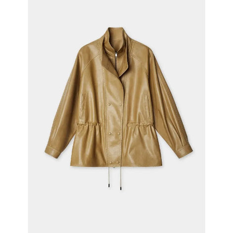 Front view of a tan faux leather jacket with layered collars, a zip closure, snap buttons and a drawstring waist against a white background