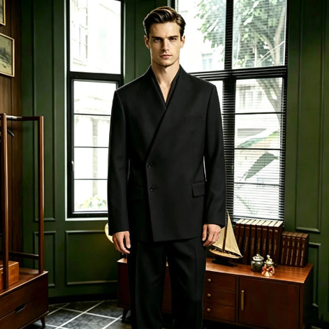 A man wearing a black double-breasted suit with a shawl collar stands in a dark green room with large windows and wooden furniture.