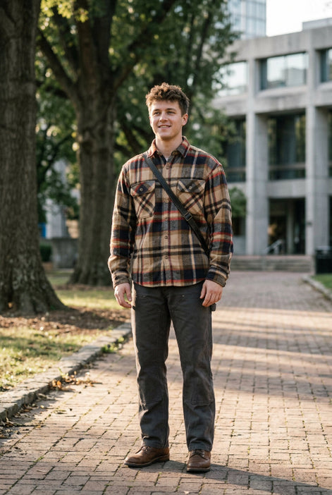Person wearing a plaid shirt and dark pants on a white background