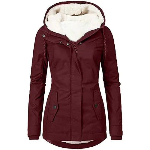 Front view of a burgundy hooded zip-up jacket with white fleece-look lining, drawstrings and buttoned front pockets against a white background⠋