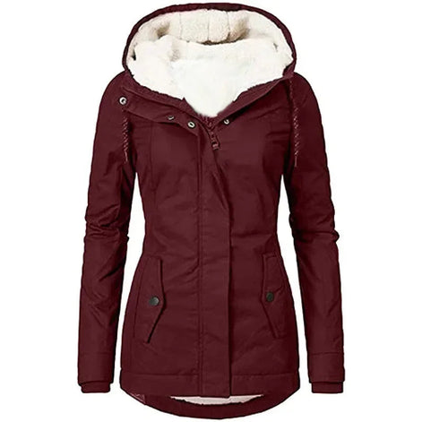 Front view of a burgundy hooded zip-up jacket with white fleece-look lining, drawstrings and buttoned front pockets against a white background⠋