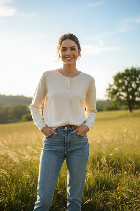 A woman wearing a cream-colored, long-sleeve button-up knit cardigan sweater