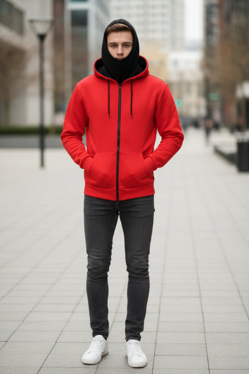 A red zip-up hoodie with a black hood and black zipper, shown on a plain white background.