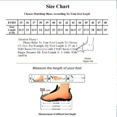 Shoe size chart with measurements for foot length in centimeters and inches.