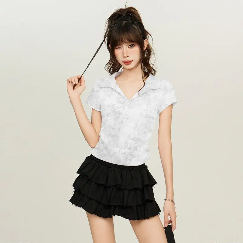 Women American V Neck Polo Collar Tie Dye T Shirt Summer Short Sleeve Slim Waist Cropped Casual Top
