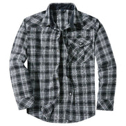 A men's long-sleeve plaid button-up shirt in black, gray, and white, featuring a chest pocket and a dark navy interior lining.