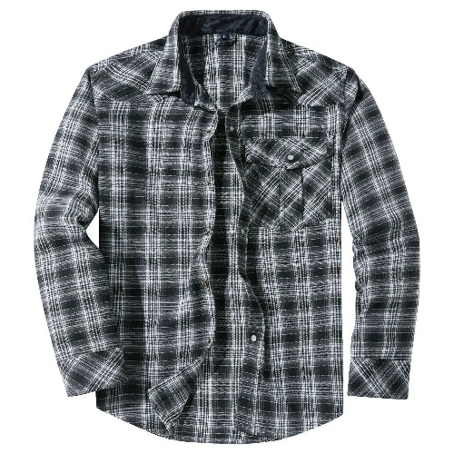A men's long-sleeve plaid button-up shirt in black, gray, and white, featuring a chest pocket and a dark navy interior lining.