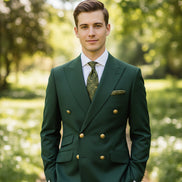 Brown suit jacket with gold buttons and matching pants on a white background