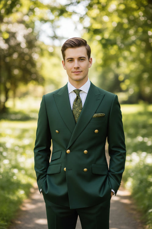 Brown suit jacket with gold buttons and matching pants on a white background