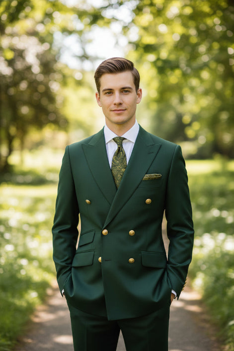 Brown suit jacket with gold buttons and matching pants on a white background