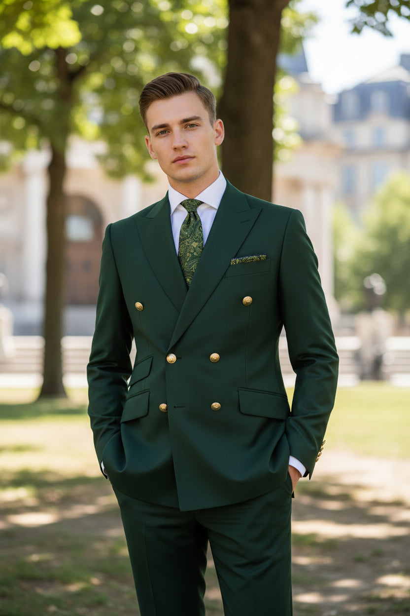 Brown suit jacket with gold buttons and matching pants on a white background