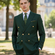 Brown suit jacket with gold buttons and matching pants on a white background