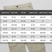 Size chart for pants with a person wearing gray pants and size chart details.