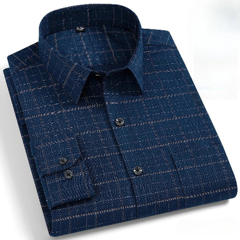 A folded navy blue long-sleeve dress shirt with a subtle tan windowpane plaid pattern, shown on a clean white background.