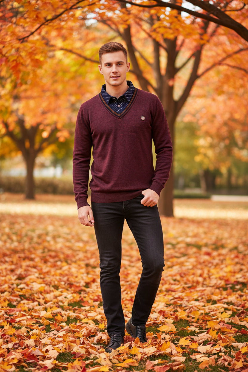 Maroon sweater with a patterned collar on a snowy background
