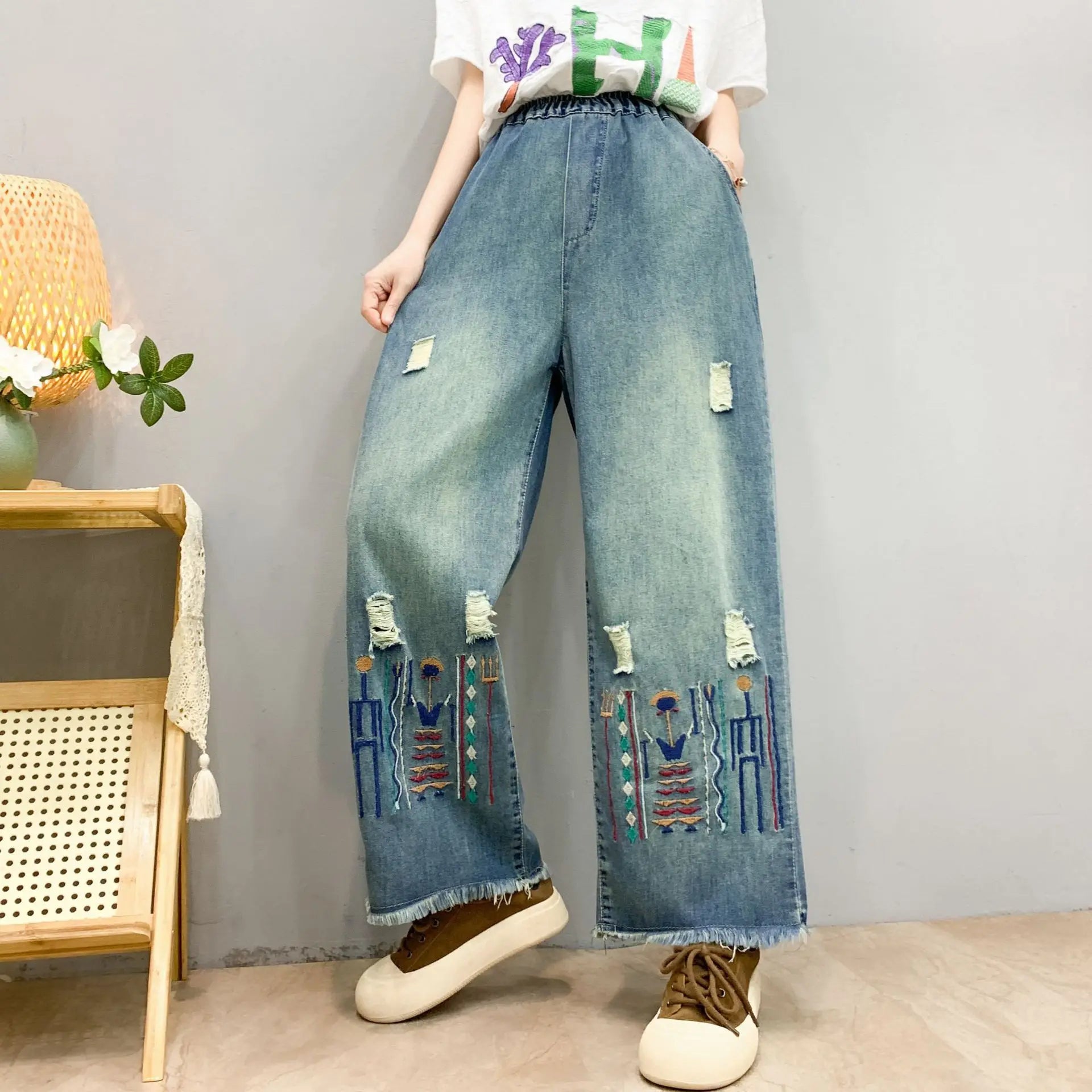 Spring Summer Ethnic Style Vintage Floral Embroidery Denim Wide Leg Pants Women High Elastic Waist Hole Casual Straight Jeans