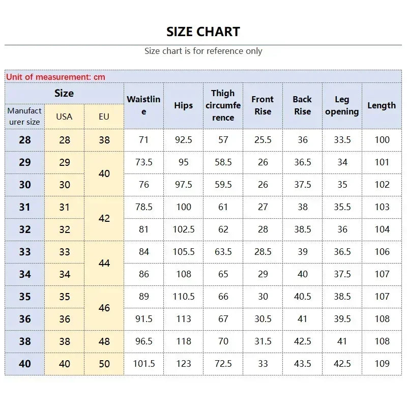 Size chart for pants with measurements in centimeters