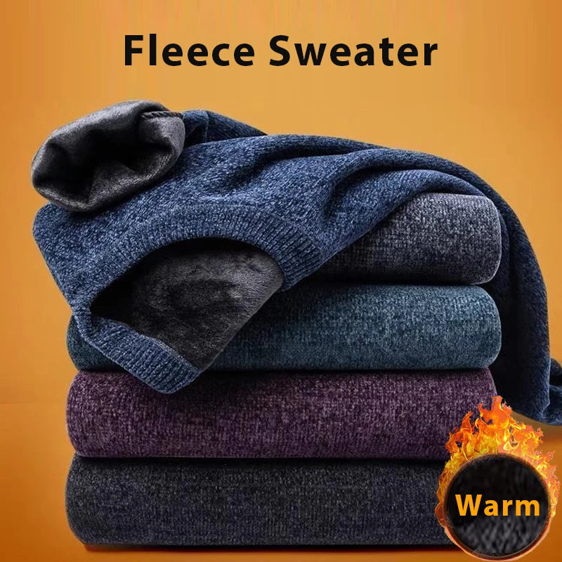 Stack of fleece sweaters with a warm icon on an orange background