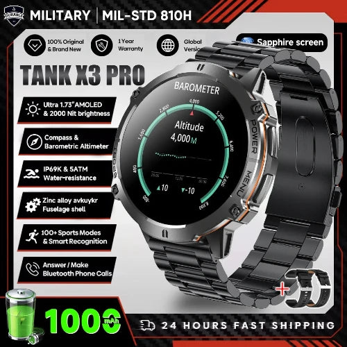 Tank X3 Pro military smartwatch with features listed on a branded background