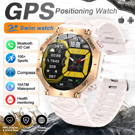 GPS positioning watch with white band and gold accents on a rocky background