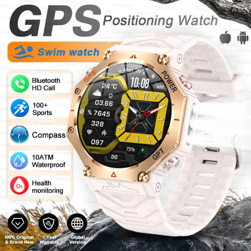GPS positioning watch with white band and gold accents on a rocky background