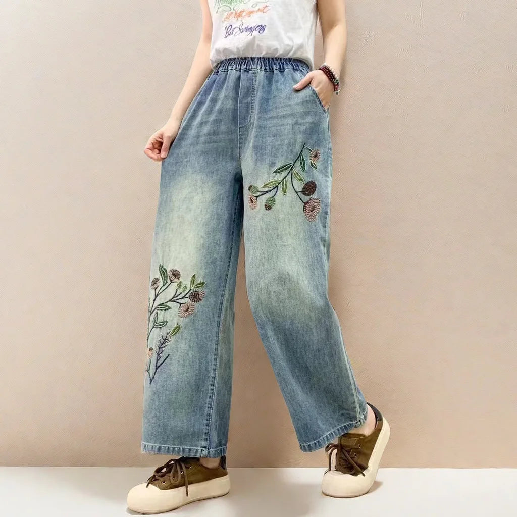 Spring Summer Ethnic Style Vintage Floral Embroidery Denim Wide Leg Pants Women High Elastic Waist Hole Casual Straight Jeans