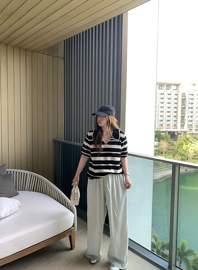 Women High Stretch Polo Shirt 2026 Stripe Short Sleeve Top Casual Color Block Splicing Openwork Knit Blouse