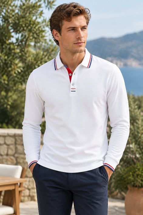 A white long-sleeve polo shirt with a double collar and striped trim in red, white, and blue on the collar 