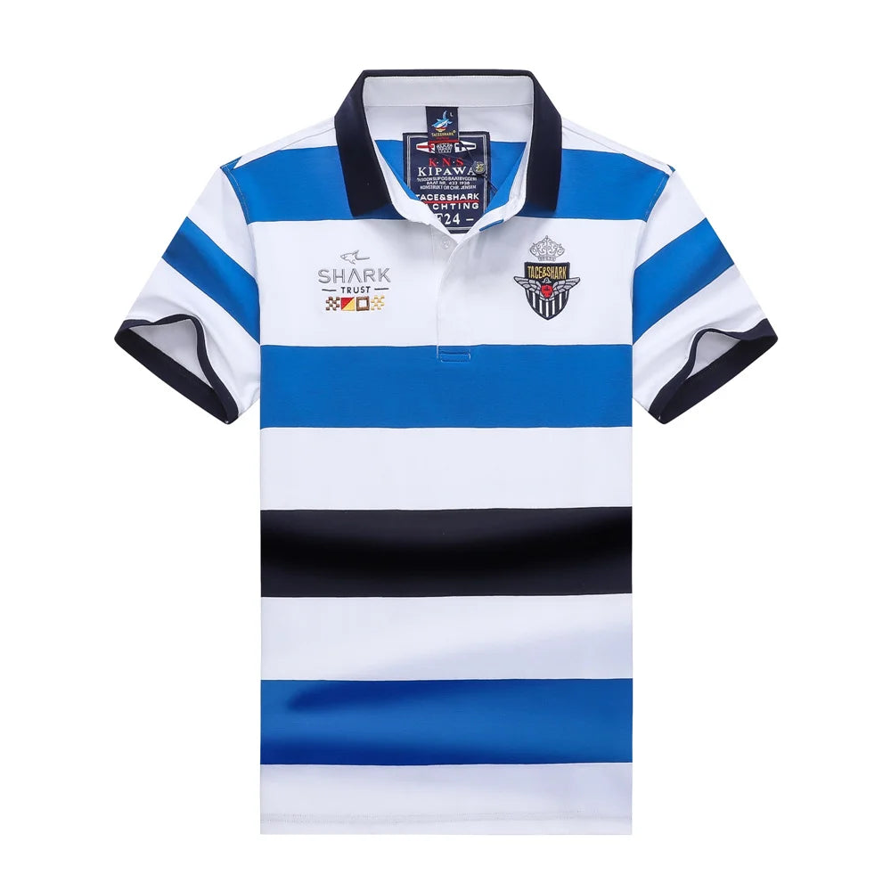 White and blue striped polo shirt with brand logos on a white background