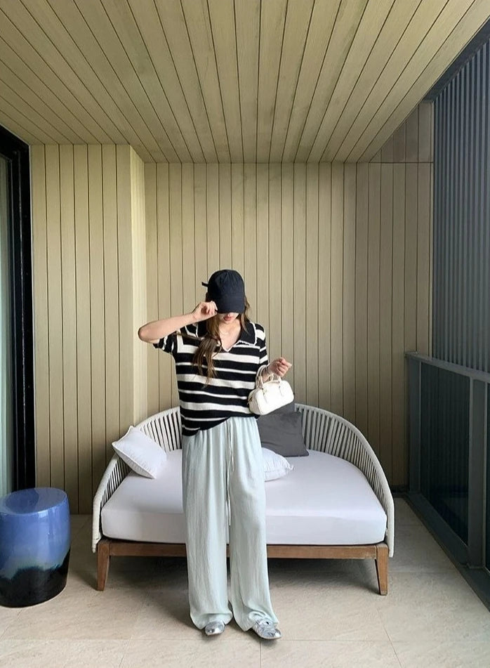 Women High Stretch Polo Shirt 2026 Stripe Short Sleeve Top Casual Color Block Splicing Openwork Knit Blouse