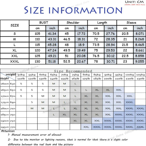 Size information chart for clothing with measurements in centimeters and inches.