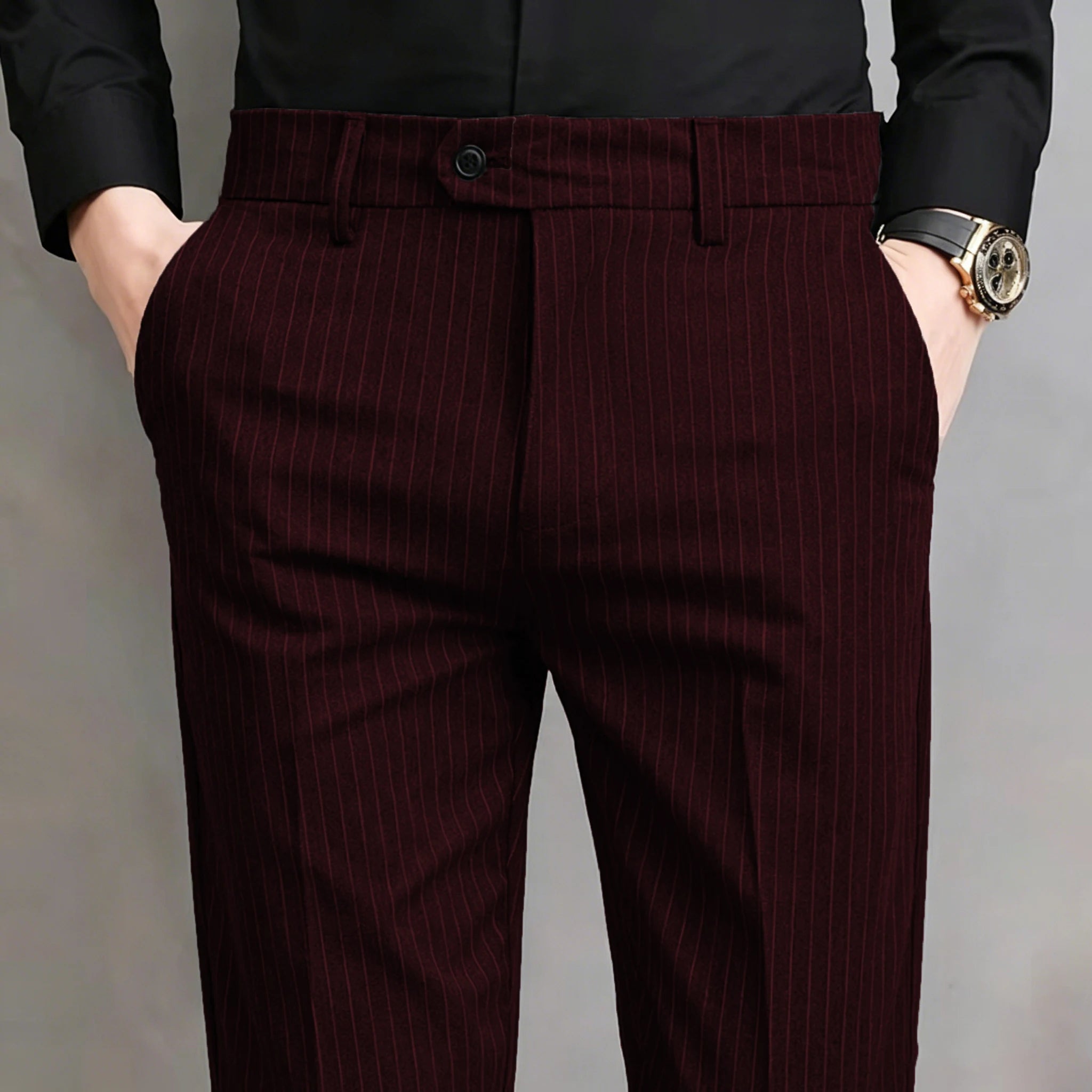 Pinstripe Pattern Suit Pants for Man Formal Dress Slim Fit Pants Elastic Waist Summer Thin Casual Trousers Male Business Wedding