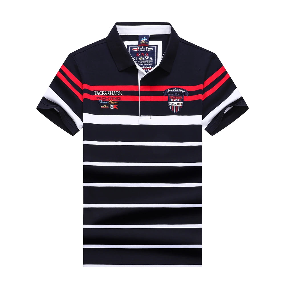 A short-sleeve polo shirt with horizontal navy, white, and red stripes, featuring embroidered logos on the chest, a white collar, and a white button placket, shown against a plain white background.