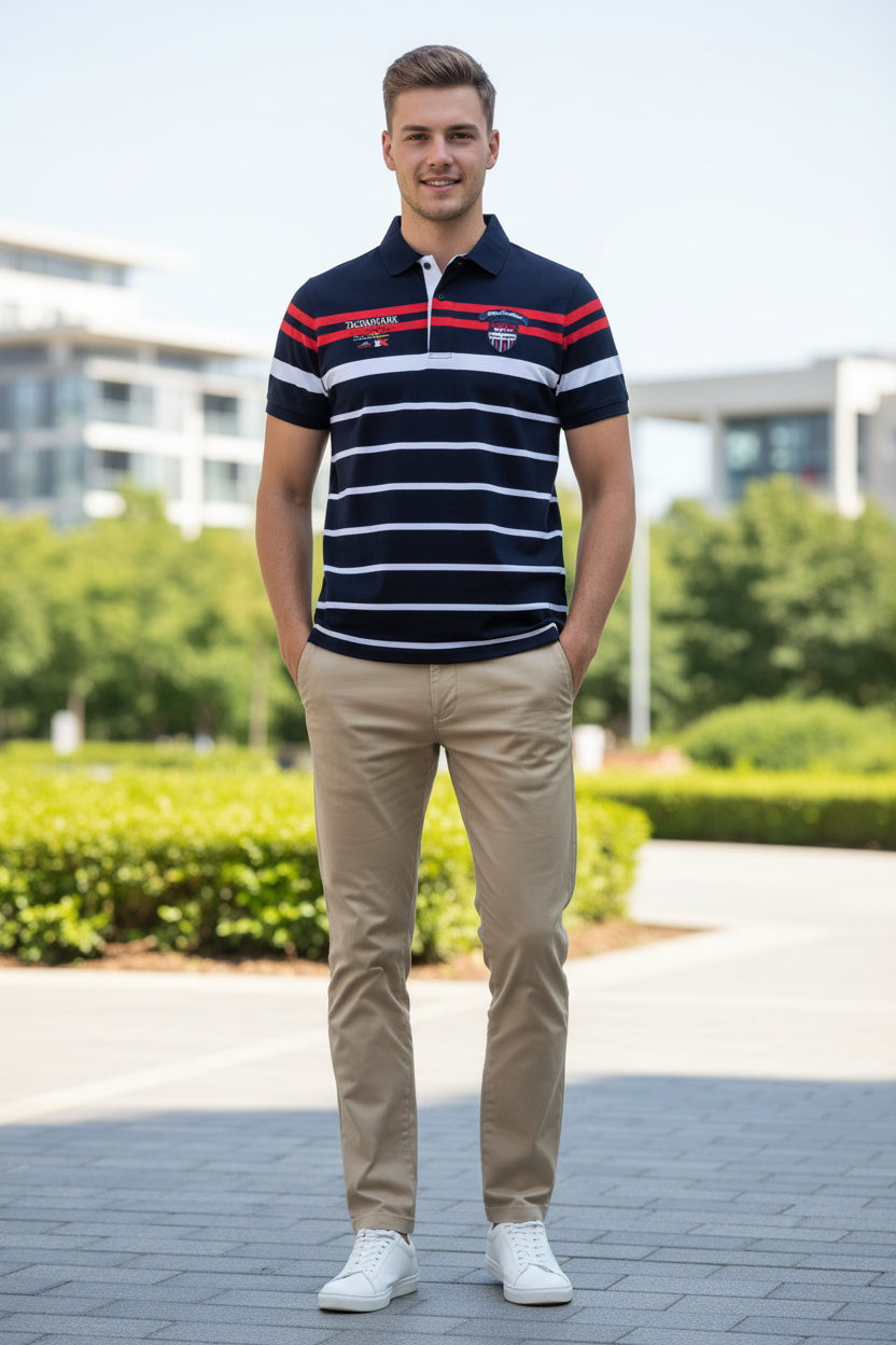 A short-sleeve polo shirt with horizontal navy, white, and red stripes, featuring embroidered logos on the chest, a white collar, and a white button placket, shown against a plain white background.