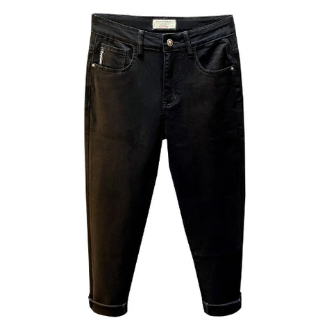 Black slim-fit jeans with a cuffed ankle length, displayed flat against a white background.