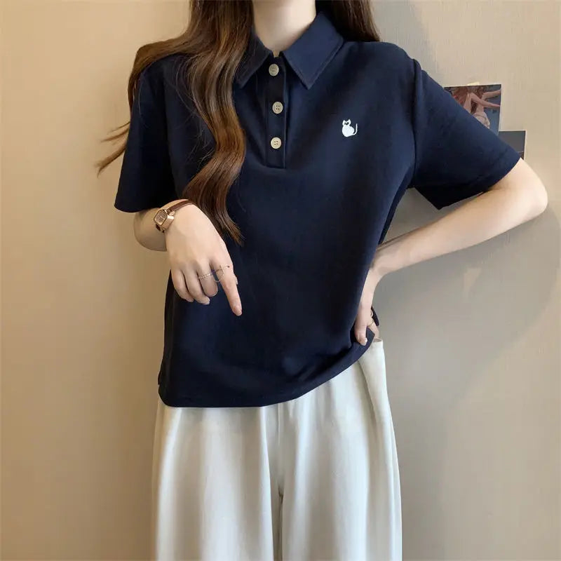 Pink Woman 100℅ Cotton Tshirt Embroidery Polo Neck T Shirt for Women Korean Clothing Y2k Fashion High Quality Youthful Elegant