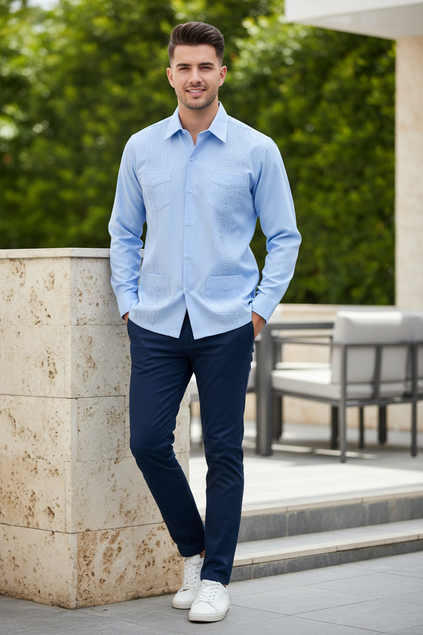 Light blue embroidered shirt on a white background