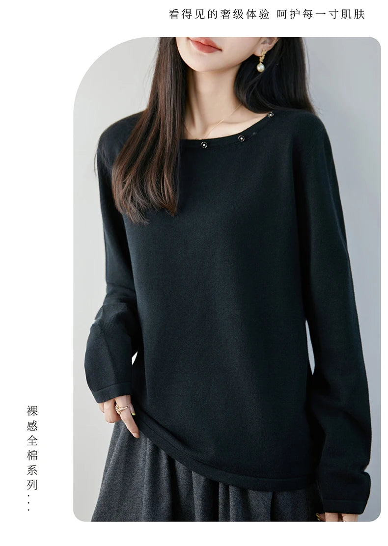 High end fashion 100% pure cotton women's sweater casual knitted round neck pullover autumn and winter solid color women's top