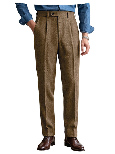 Khaki brown herringbone pleated suit trousers shown on a white background