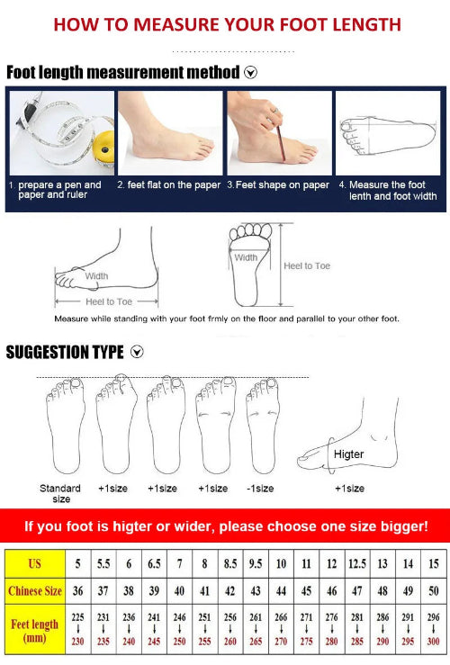 Instructions on how to measure foot length with diagrams and measurements.
