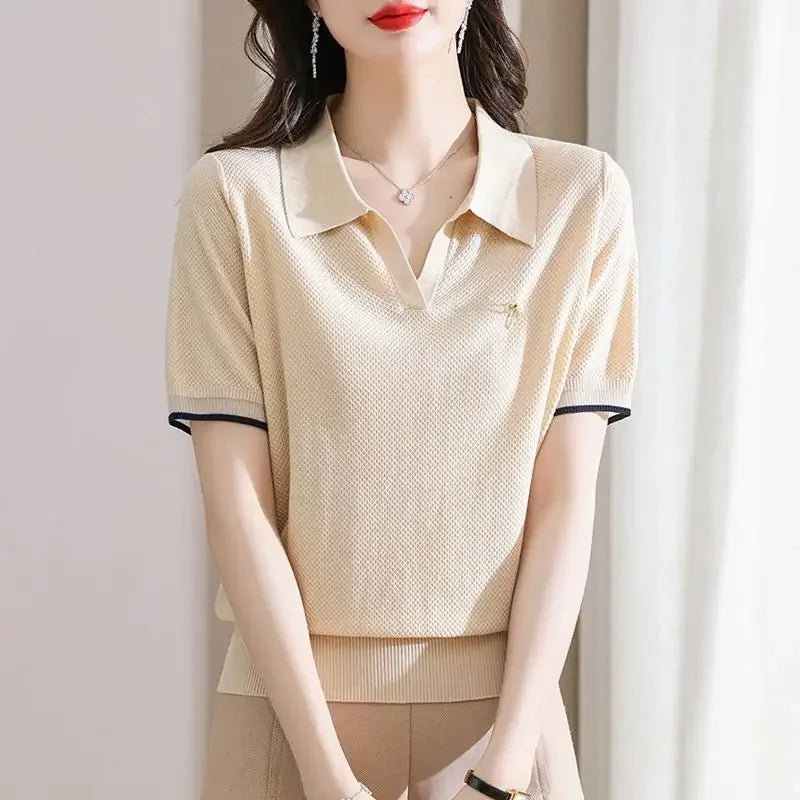 Female Tee Baggy Plain Knitted Cute T-shirts Kawaii Women's Polo Pulovers Offer Comfortable Summer 2025 with Collar New On