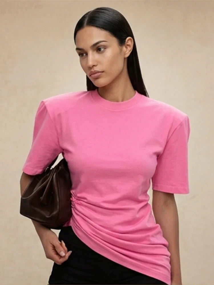 Versatile Regular-shoulder T-shirts Women Casual White Round Neck Irregular Hem Pleated Short Top Summer Lady Street Wear New