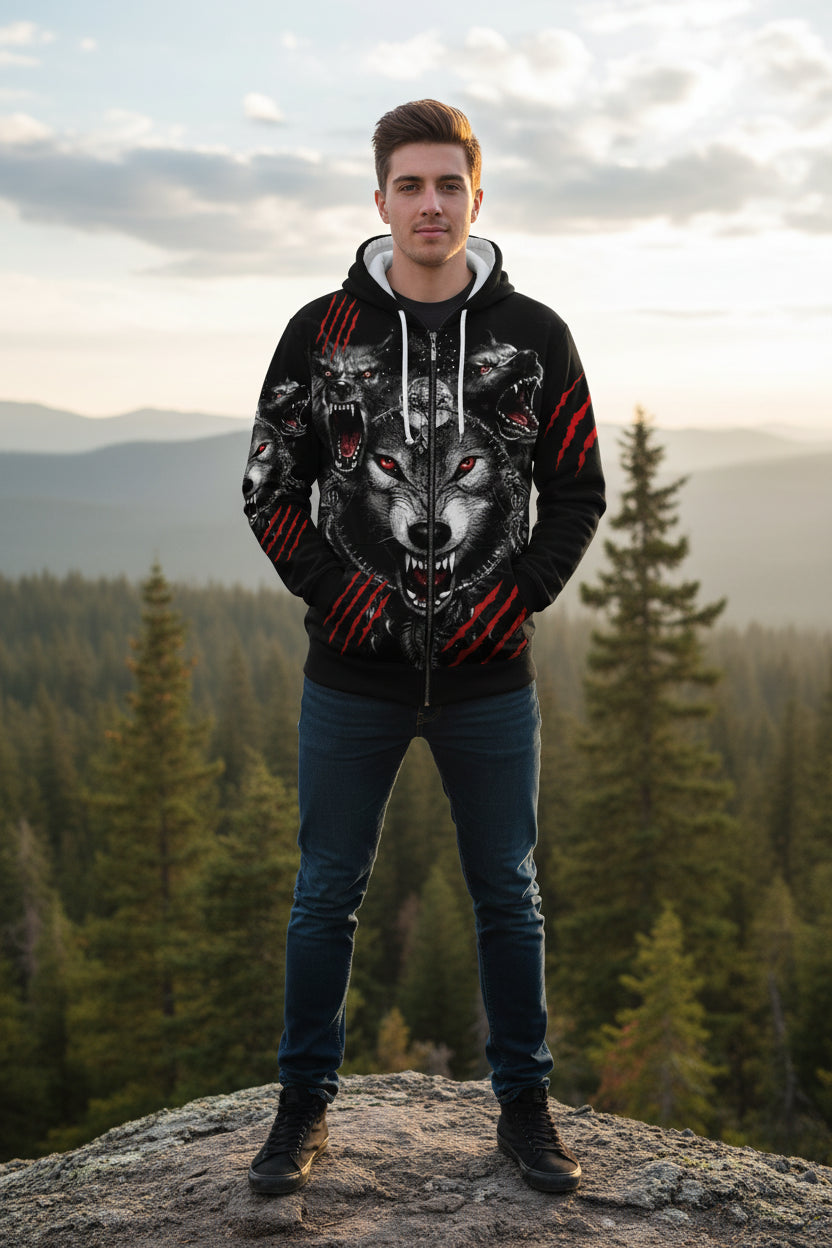 Black hoodie with wolf design and red accents on a white background
