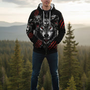 Black hoodie with wolf design and red accents on a white background