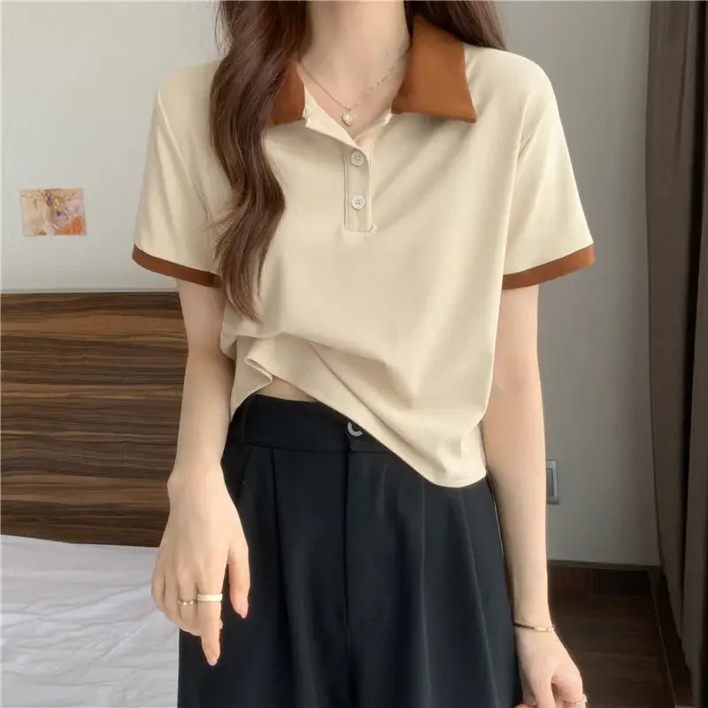 Plain Female Tee Slim Women's Polo Shirts T-shirts Short Sleeve T-shirt in Trend 2025 Youthful Clothes Korean Clothing Elegant