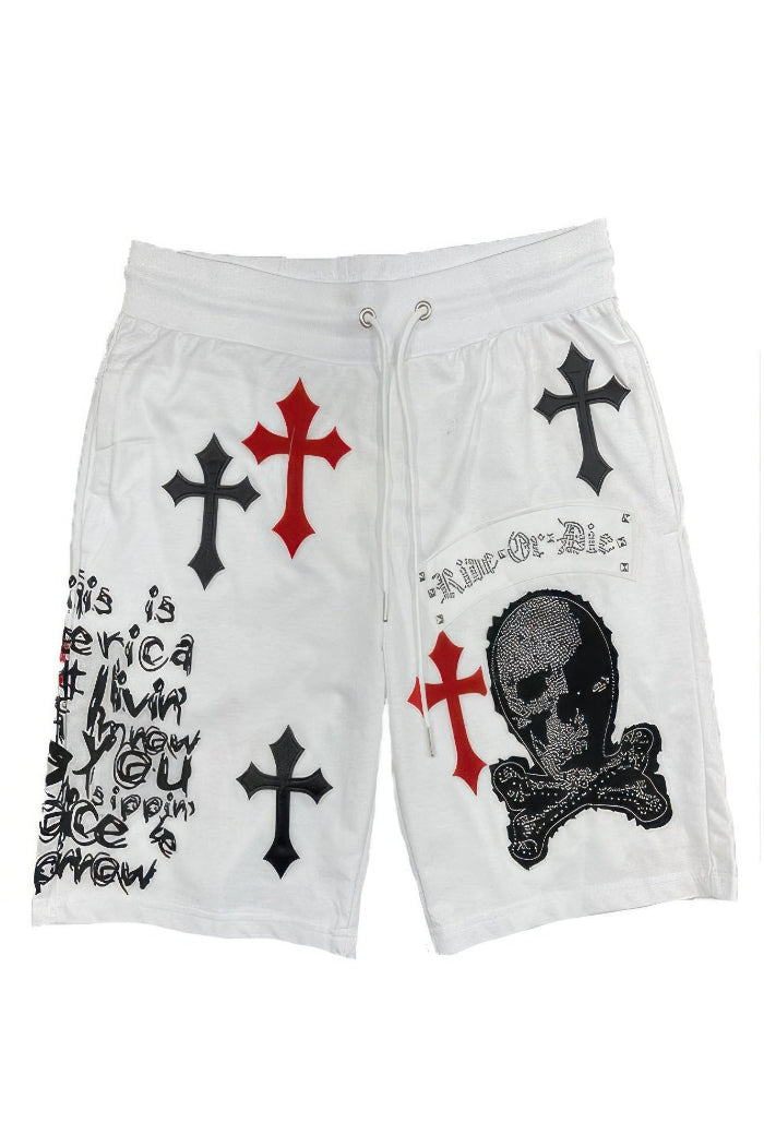 White shorts with black and red crosses and a skull design on a white background
